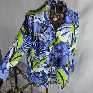 Cobalt Blue & Green Palms & Leaves Lightweight Zippered Jacket